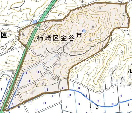 柿崎区金谷とその周辺の地図。町の範囲を重ねている