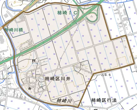 柿崎区川井とその周辺の地図。町の範囲を重ねている