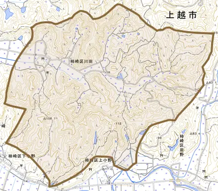 柿崎区川田とその周辺の地図。町の範囲を重ねている