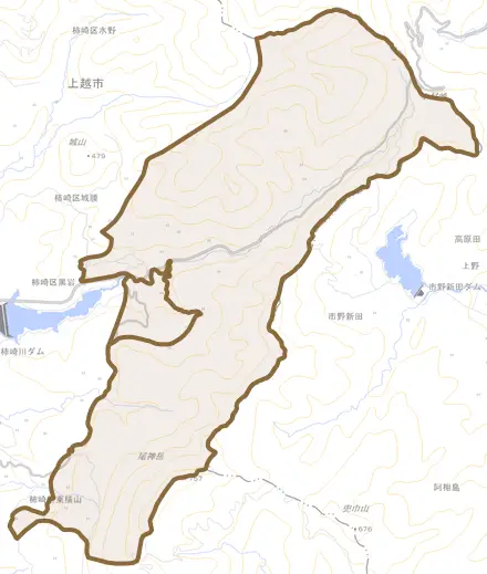 柿崎区黒岩とその周辺の地図。町の範囲を重ねている