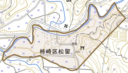 柿崎区松留とその周辺の地図。町の範囲を重ねている