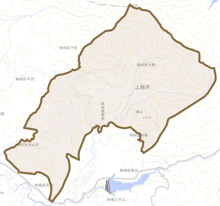柿崎区水野とその周辺の地図。町の範囲を重ねている