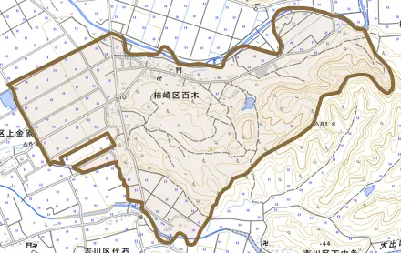 柿崎区百木とその周辺の地図。町の範囲を重ねている