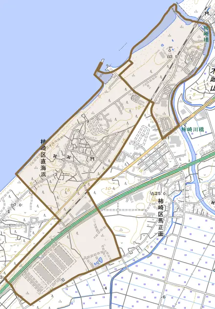 柿崎区直海浜とその周辺の地図。町の範囲を重ねている