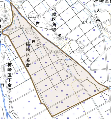 柿崎区落合とその周辺の地図。町の範囲を重ねている