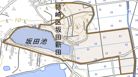 柿崎区坂田新田とその周辺の地図。町の範囲を重ねている