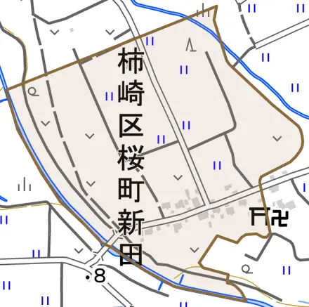 柿崎区桜町新田とその周辺の地図。町の範囲を重ねている