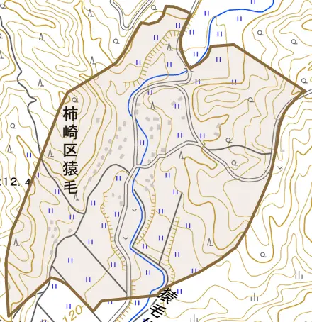 柿崎区猿毛とその周辺の地図。町の範囲を重ねている