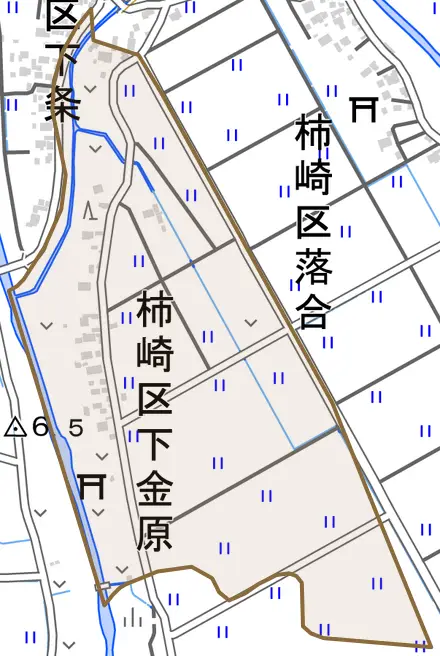 柿崎区下金原とその周辺の地図。町の範囲を重ねている