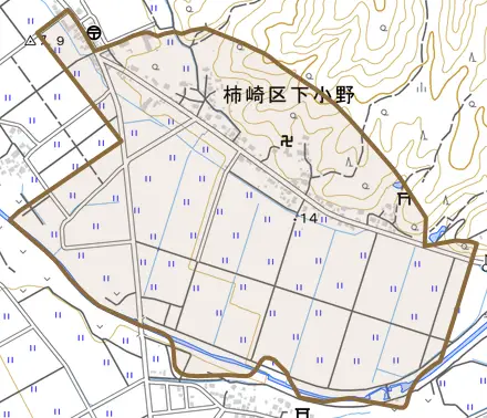 柿崎区下小野とその周辺の地図。町の範囲を重ねている