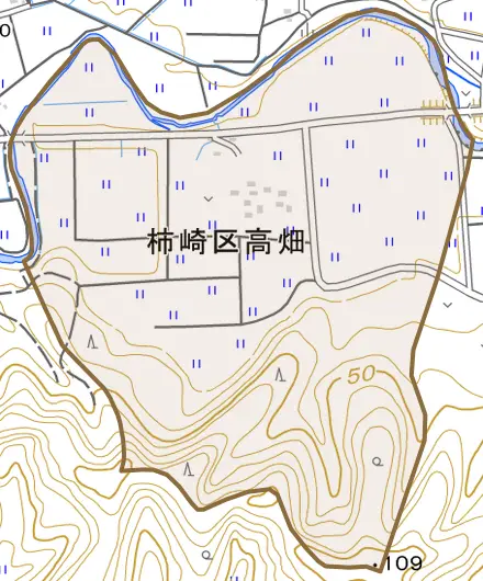 柿崎区高畑とその周辺の地図。町の範囲を重ねている
