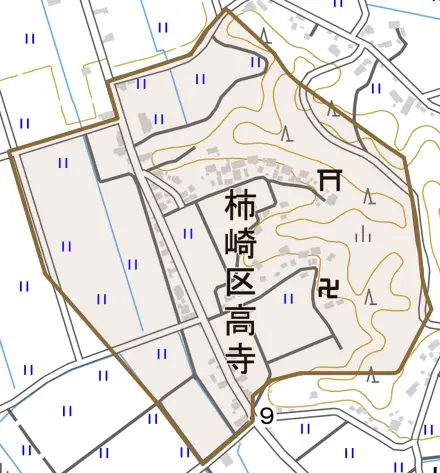 柿崎区高寺とその周辺の地図。町の範囲を重ねている