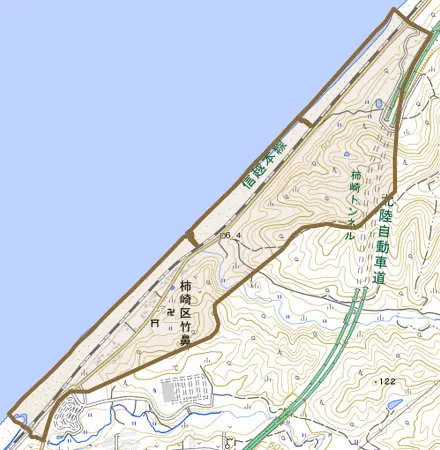 柿崎区竹鼻とその周辺の地図。町の範囲を重ねている
