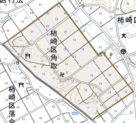 柿崎区角取とその周辺の地図。町の範囲を重ねている