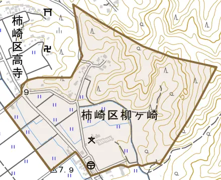 柿崎区柳ケ崎とその周辺の地図。町の範囲を重ねている