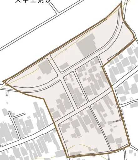 大字上荒浜とその周辺の地図。町の範囲を重ねている