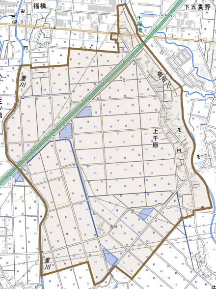 大字上千原とその周辺の地図。町の範囲を重ねている