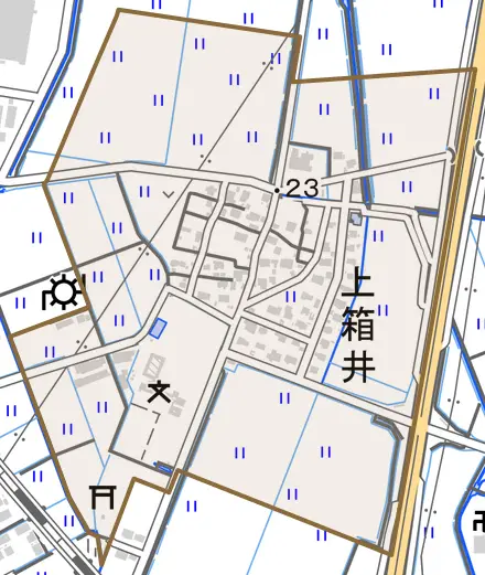 大字上箱井とその周辺の地図。町の範囲を重ねている