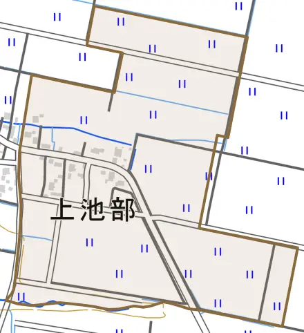 大字上池部とその周辺の地図。町の範囲を重ねている