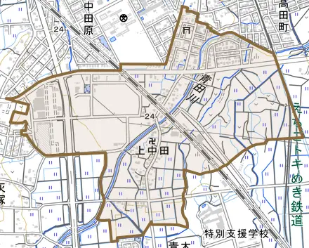 大字上中田とその周辺の地図。町の範囲を重ねている
