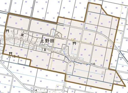 大字上野田とその周辺の地図。町の範囲を重ねている