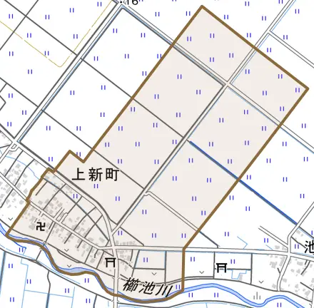 大字上新町とその周辺の地図。町の範囲を重ねている