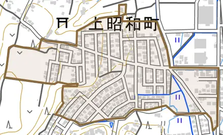 上昭和町とその周辺の地図。町の範囲を重ねている
