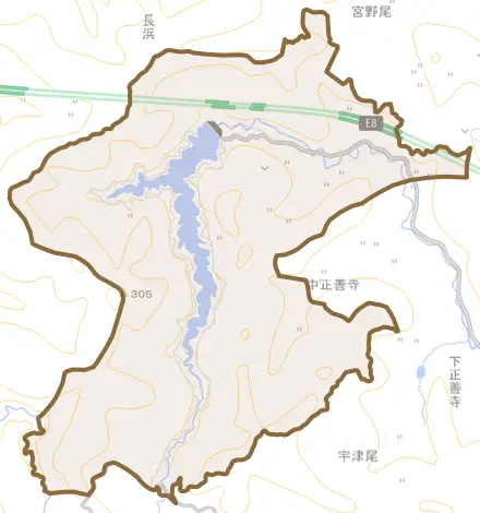 大字上正善寺とその周辺の地図。町の範囲を重ねている