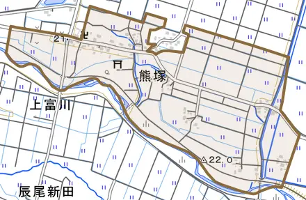 大字上富川とその周辺の地図。町の範囲を重ねている