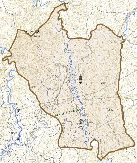 大字上綱子とその周辺の地図。町の範囲を重ねている