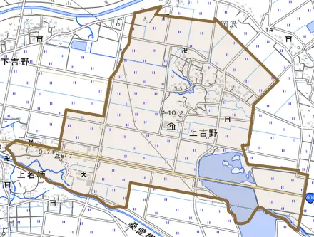 大字上吉野とその周辺の地図。町の範囲を重ねている