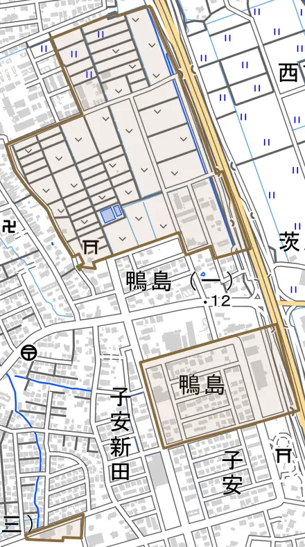 大字鴨島とその周辺の地図。町の範囲を重ねている