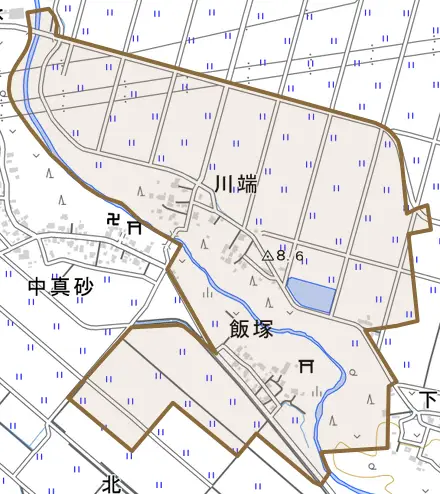 大字川端とその周辺の地図。町の範囲を重ねている