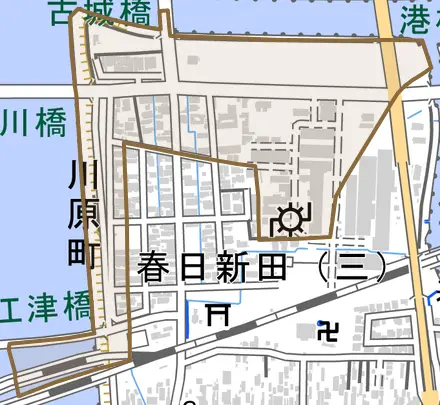 川原町とその周辺の地図。町の範囲を重ねている
