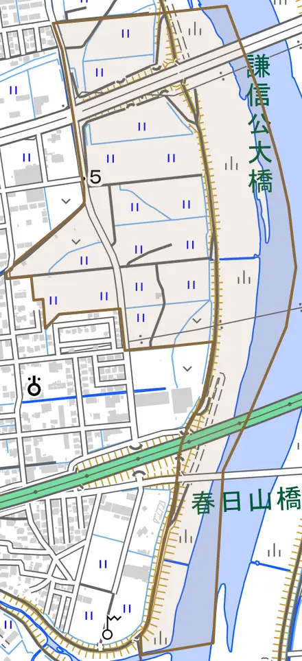 大字木田とその周辺の地図。町の範囲を重ねている