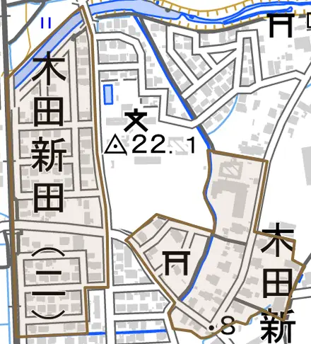 木田新田とその周辺の地図。町の範囲を重ねている