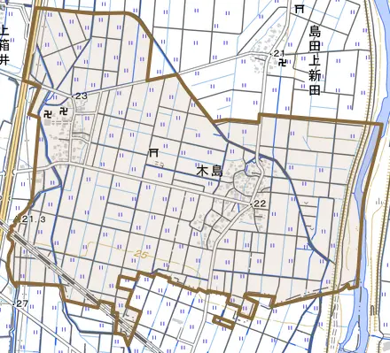 大字木島とその周辺の地図。町の範囲を重ねている
