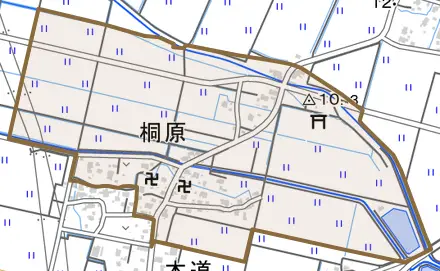大字桐原とその周辺の地図。町の範囲を重ねている