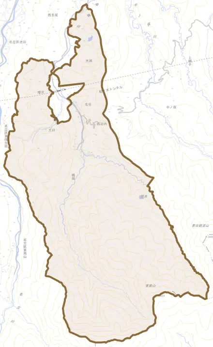 大字北谷とその周辺の地図。町の範囲を重ねている