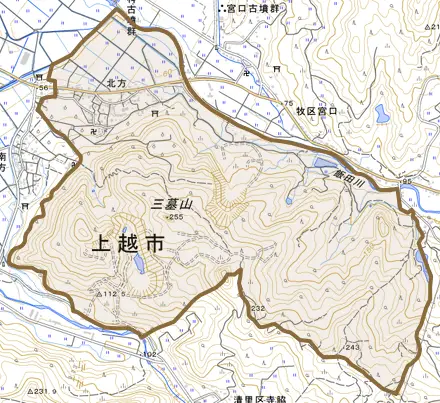 大字北方とその周辺の地図。町の範囲を重ねている