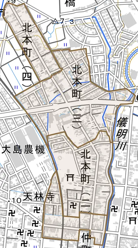 北本町とその周辺の地図。町の範囲を重ねている