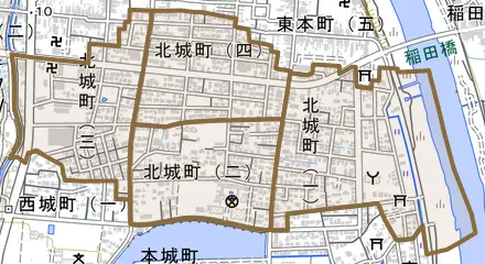 北城町とその周辺の地図。町の範囲を重ねている
