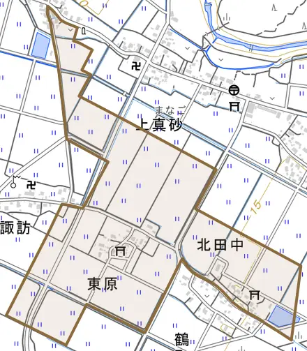 大字北田中とその周辺の地図。町の範囲を重ねている