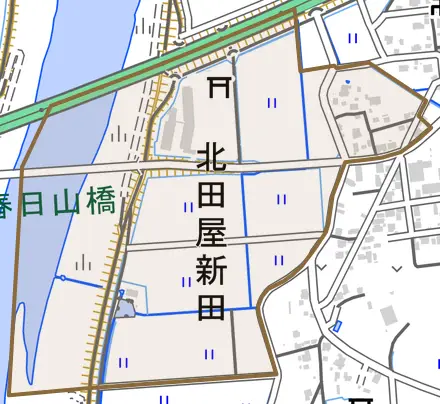 大字北田屋新田とその周辺の地図。町の範囲を重ねている