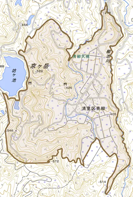 清里区青柳とその周辺の地図。町の範囲を重ねている