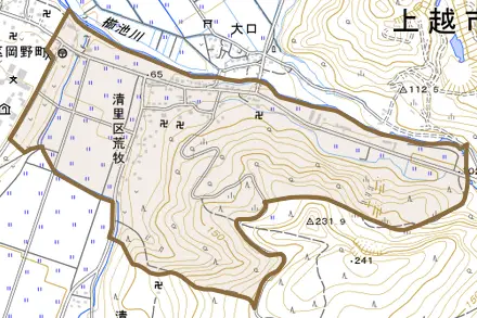 清里区荒牧とその周辺の地図。町の範囲を重ねている