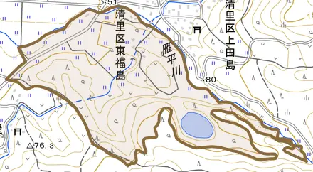 清里区東福島とその周辺の地図。町の範囲を重ねている
