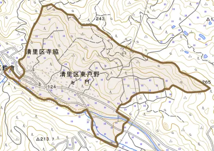 清里区東戸野とその周辺の地図。町の範囲を重ねている