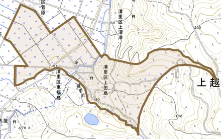 清里区上田島とその周辺の地図。町の範囲を重ねている