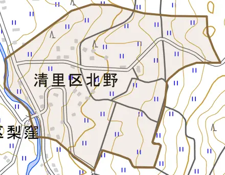 清里区北野とその周辺の地図。町の範囲を重ねている